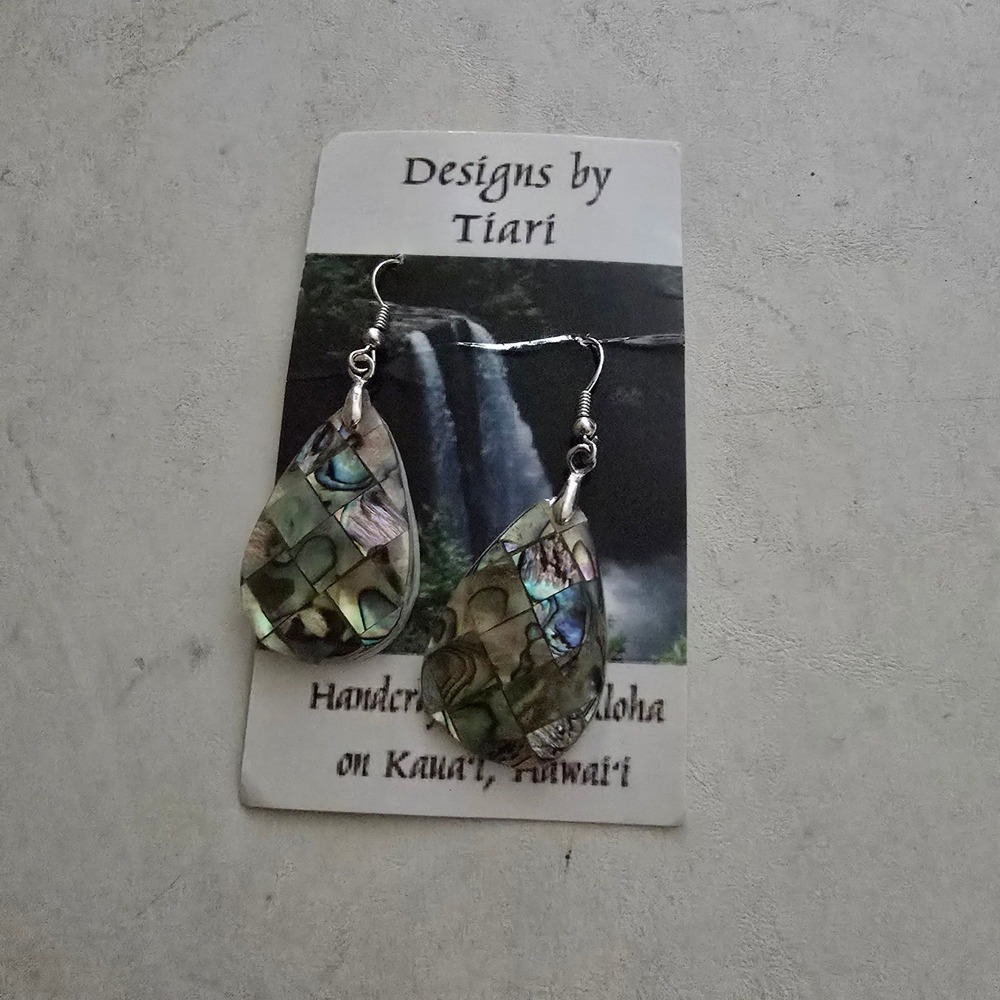 Designs by Tiari Abalone Shell Mosaic Teardrop Earrings Handcrafted Kauai Hawaii